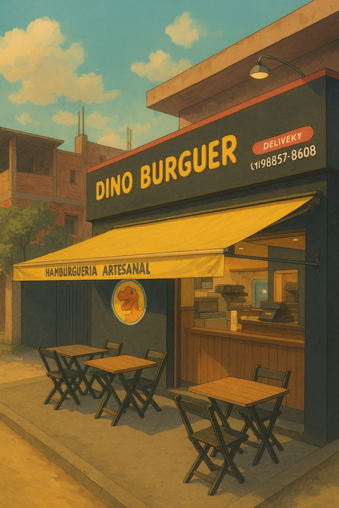 Fachada da Hamburguerias Dinoburguer, localizada no bairro Jardim Santana, cidade de Cajamar.