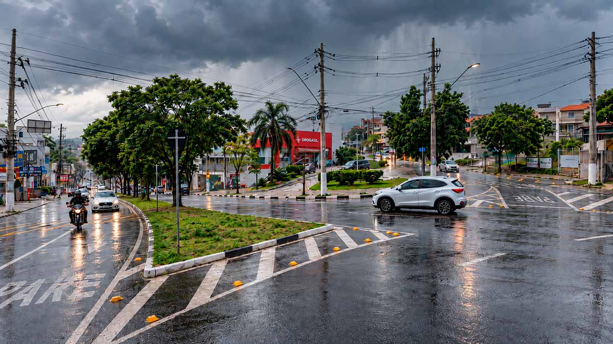 Imagem ilustrativa da Avenida Tenente Marques, em Cajamar, com céu carregado, chuva e pista molhada durante a chegada de uma frente fria.