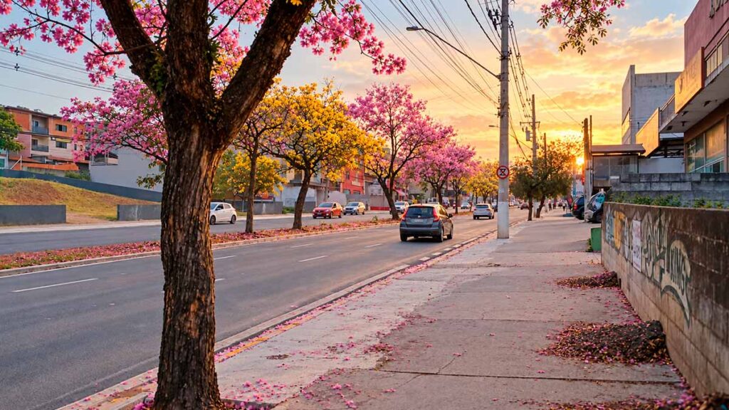 Ilustração da Avenida Tenente Marques, em Cajamar, com ipês floridos ao entardecer, representando a chegada da primavera na cidade.